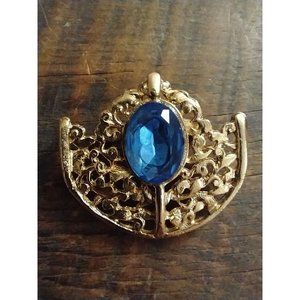 Vintage Blue Stone Brooch, Gold tone, cut through design  D4